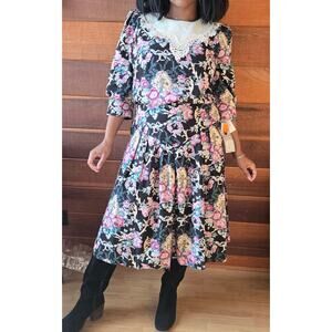 Lisa II Vtg 90s Deadstock Cottage Prairie Floral Lace Bib Drop Waist Dress 18WP